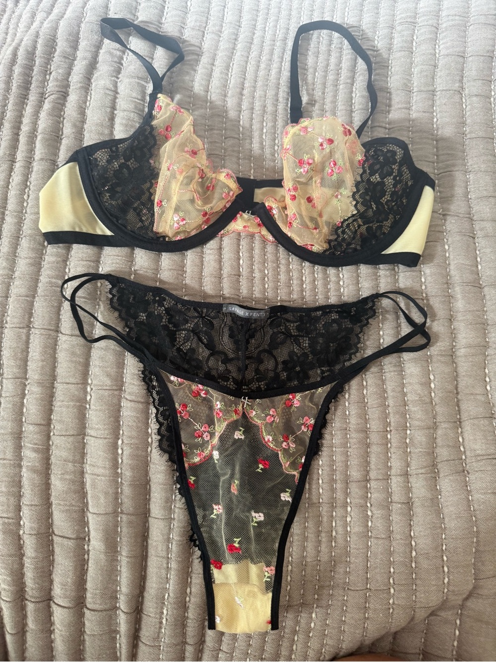 Savage X Fenty Black Lace with Yellow Mesh & Pink Floral Embroidered Bra Set